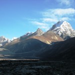 Looking up the valley at Lobuche Peak from Pheriche.  (Photo by Eric Simonson)