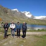 Four members of the Matterhorn team: Alton, Craig, Wes & Bill (left to right) berghotel Fluealp and Rimpfischorn behind (snowy peak on left), (photo by Matt Farmer)