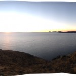 Panorama of Lake Titicaca with Sun Island on the right and Peru in the distance