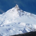 View of Manaslu from base camp, with the east spire in the foreground of the summit (Mike Hamill)