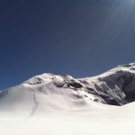 Looking up towards the summit on Chulu (Eben Reckord)