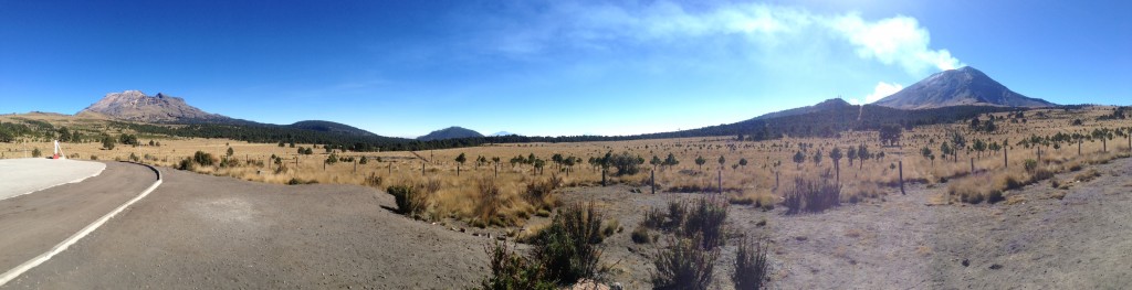 Ixta, Orizaba (in distance) and smoking Popo from Paso de Cortez. (Photo by Dustin Balderach)