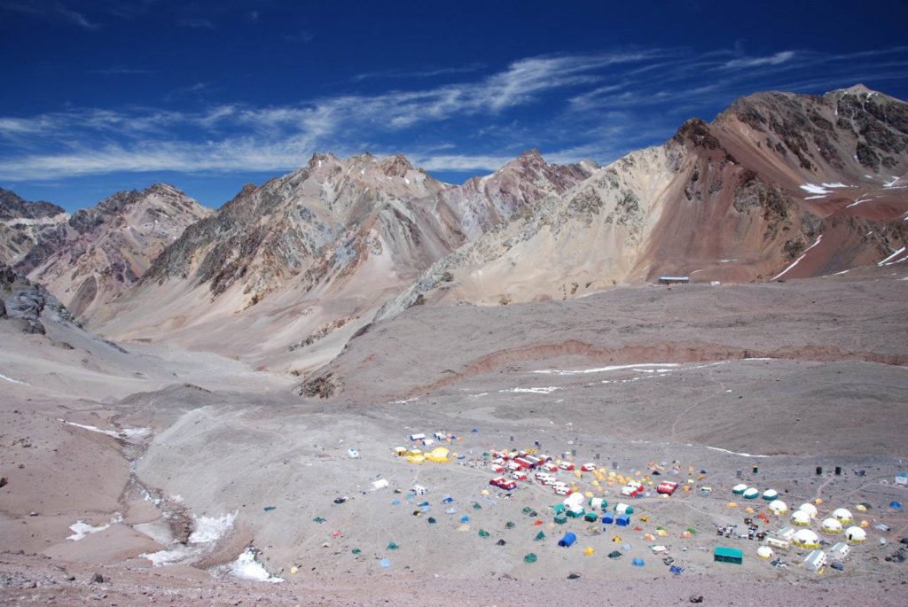 Looking down at Plaza de Mulas from high on Aconcagua