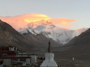 The north side of Everest at sunset from Rongbuk monastery in Tibet (Eric Simonson)