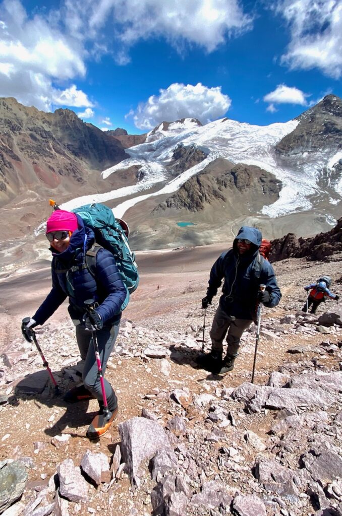 Happy climbers as they arrive at Camp Canada (Nickel Wood)